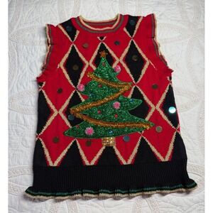 Blizzard Bay Ugly Christmas Sweater Vest Red Argyle Tree Ruffle Women Small